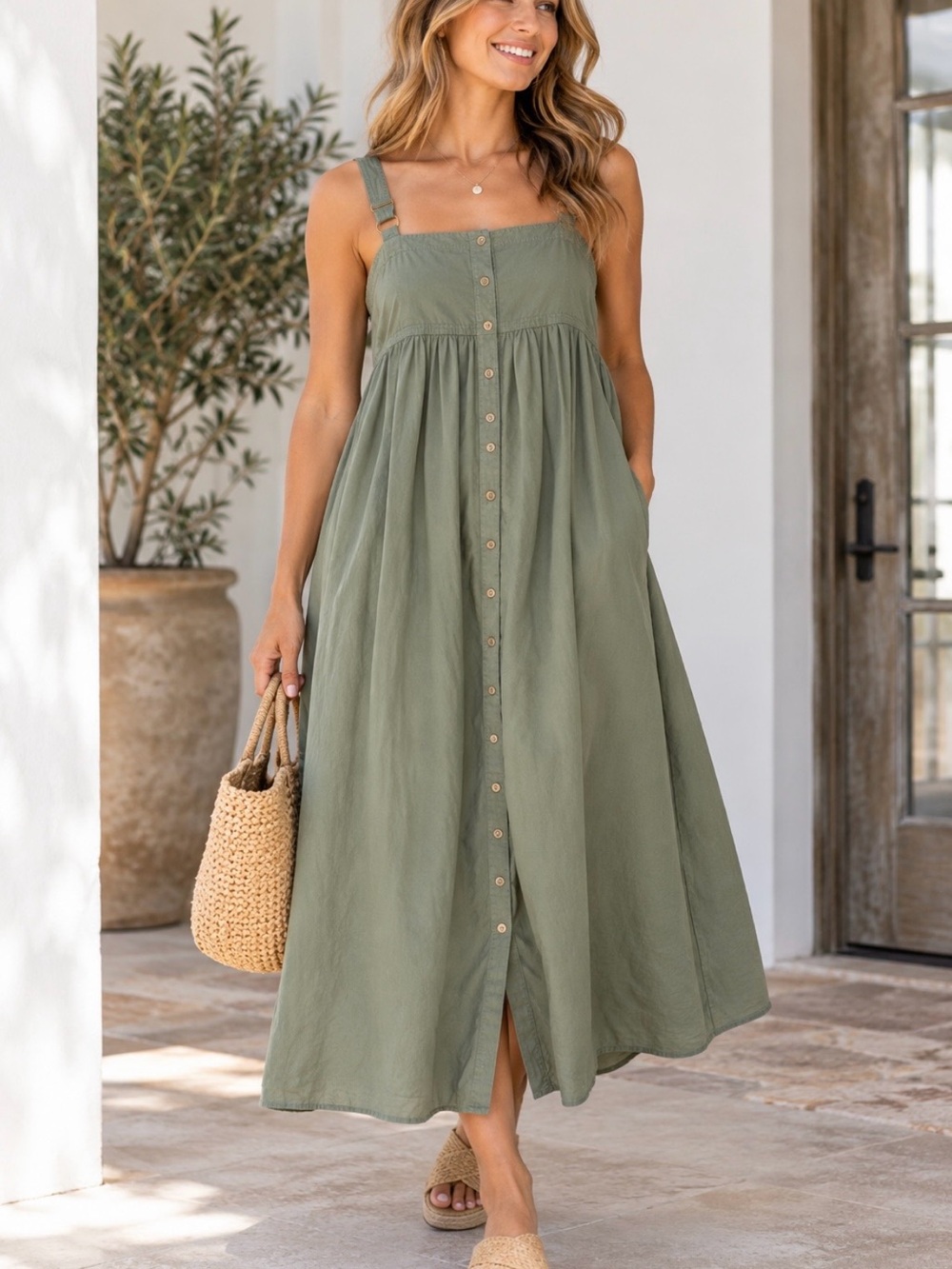 Natural Life Sage Green 100% Cotton Button Front Maxi Dress Medium